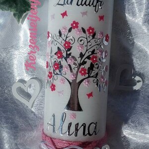 Christening candle girl birthday candle, tree of life rustic vintage pink white butterflies image 3