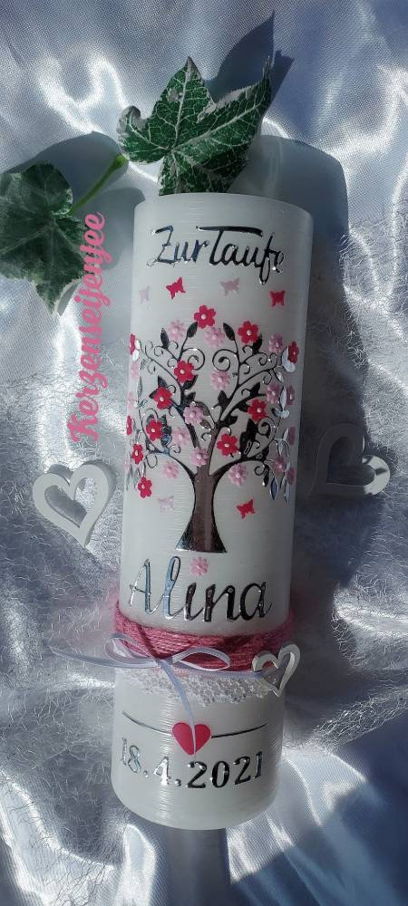 Christening candle girl birthday candle, tree of life rustic vintage pink white butterflies image 3