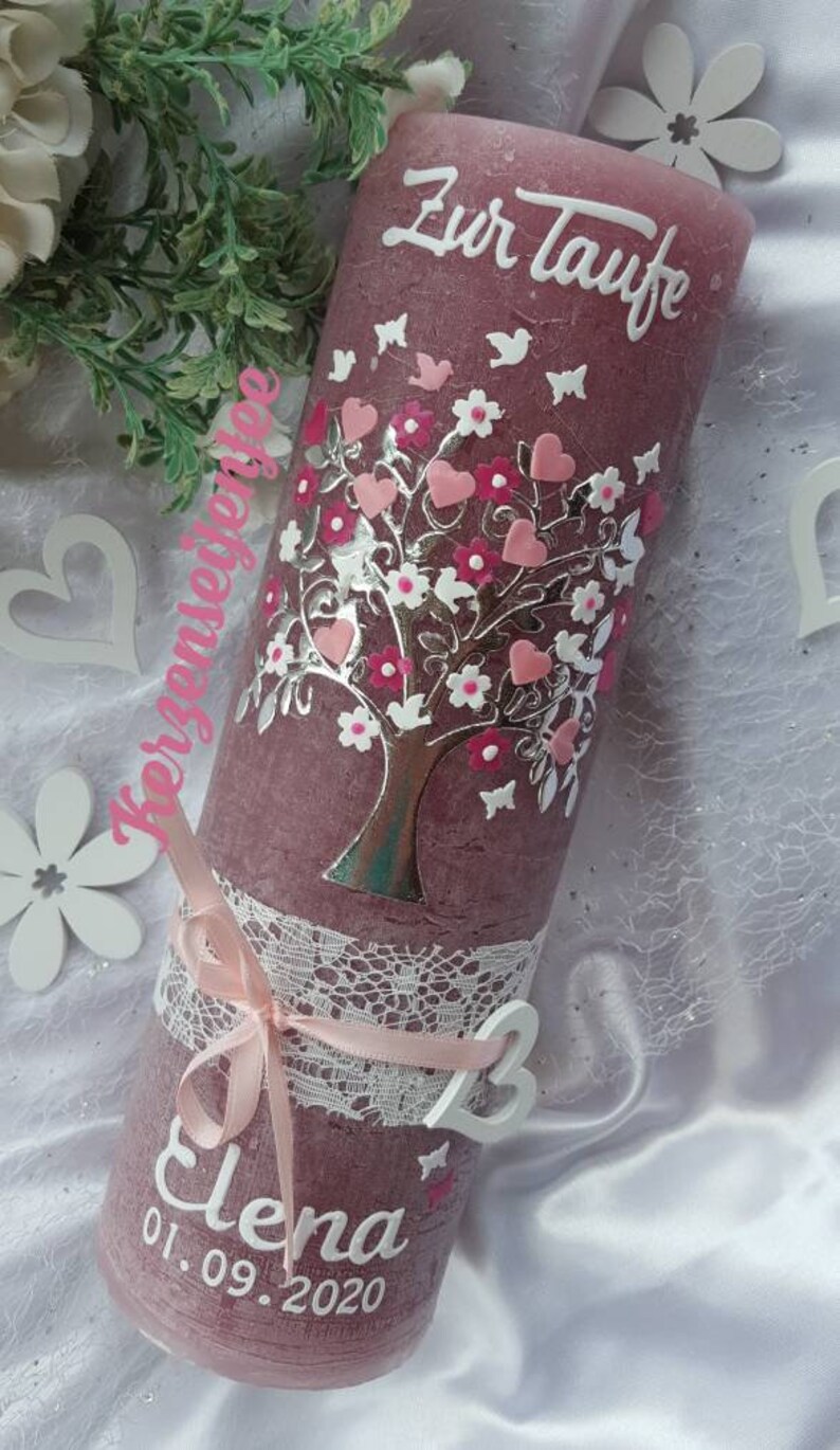 Christening candle girl rustic vintage tree of life flowers pink silver butterflies image 1