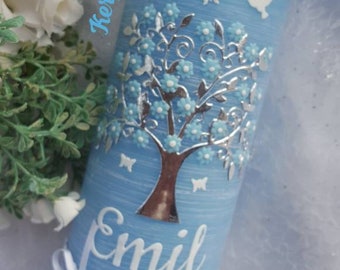 Christening candle boy rustic vintage tree of life blue silver flowers butterflies