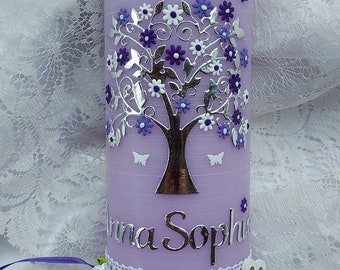 Bougie de baptême fille rustique vintage arbre de vie délicat lilas violet argent fleurs papillons