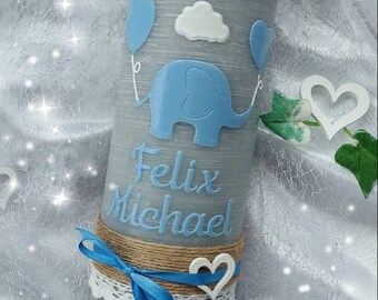 Christening candle boy girl rustic vintage elephant butterflies gray mint blue pink