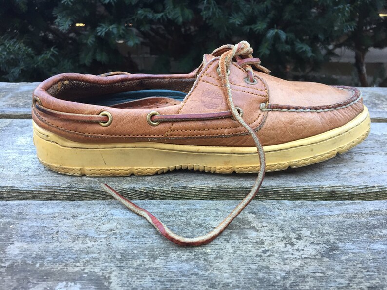 Vintage Leather Deck Shoes Timberland Womens 8 5 Tan Boat With Laces And Non Marking Soles 90s Topsiders Preppy