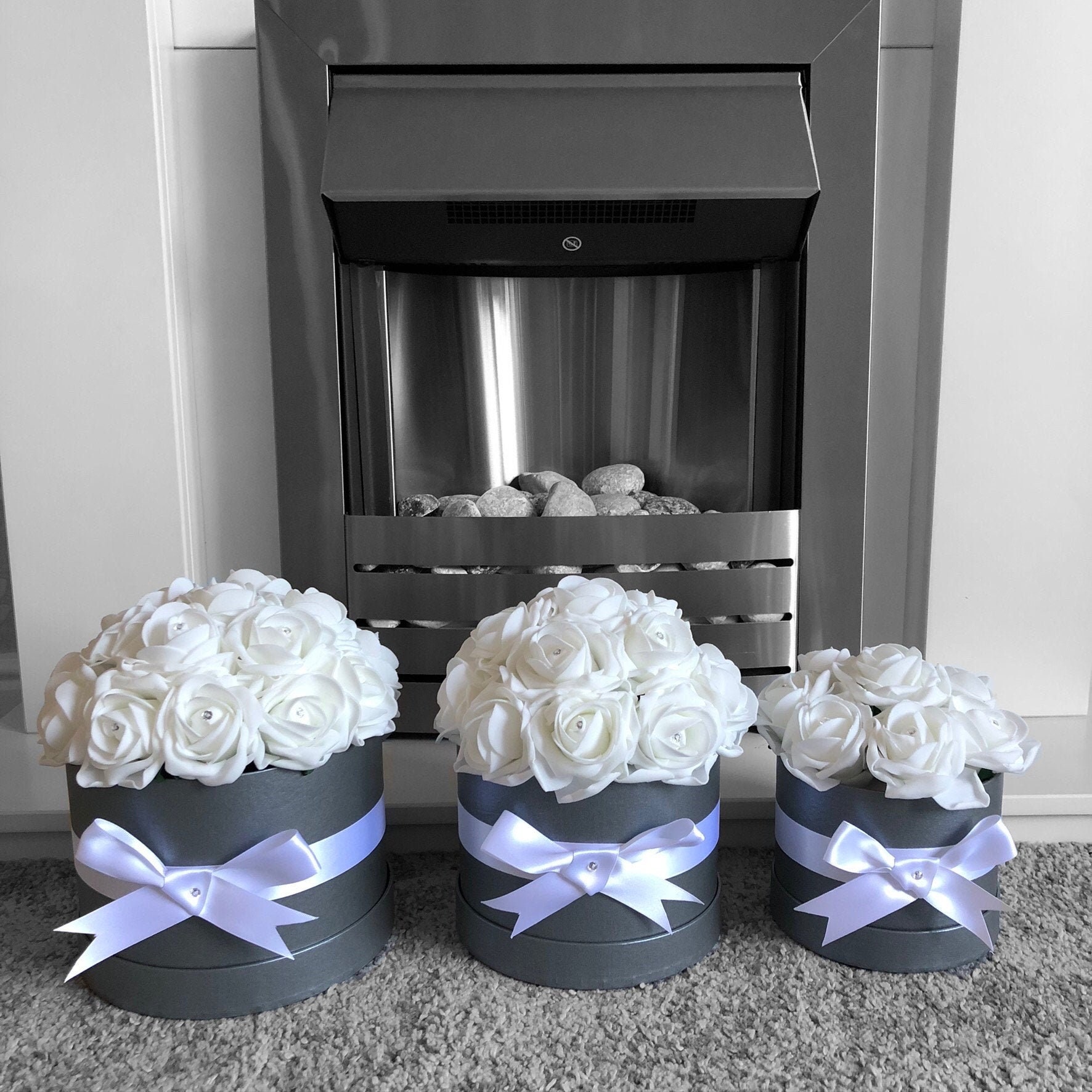 White Artificial Flowers in a Grey Hatbox Arrangement with Etsy