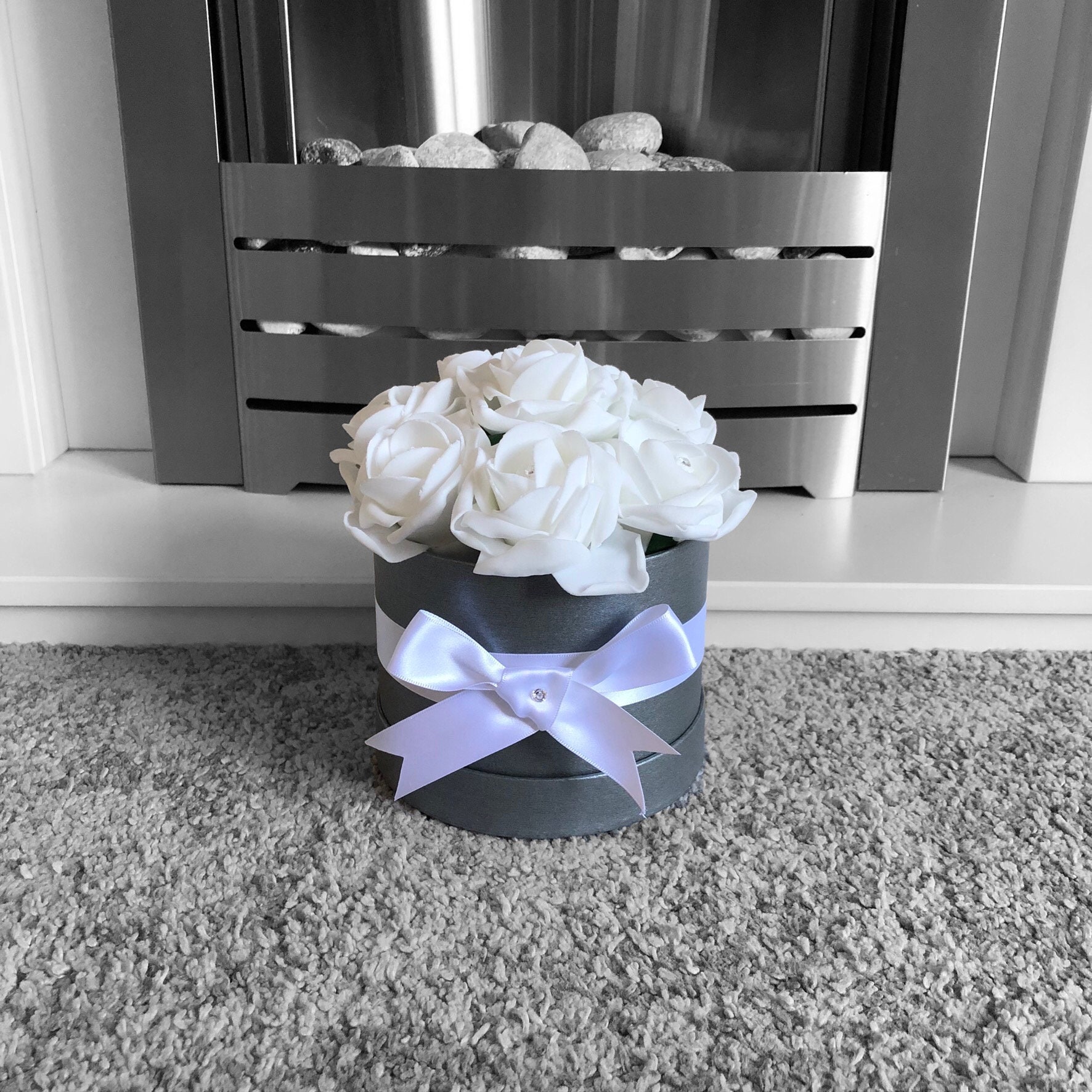 White Artificial Flowers in a Grey Hatbox Arrangement with Etsy