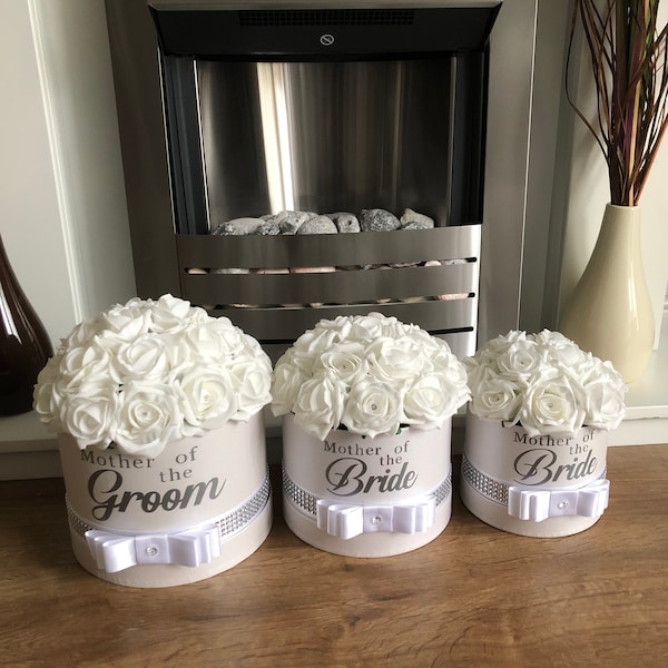 White wedding artificial flower hatbox mother of the bride gift, groom personalised rose box