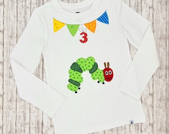 Rosalie caterpillar birthday shirt with pennant and number