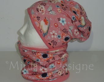 Beanie and loop set, hat and scarf, birds, flowers, pink, robin, butterfly, hat set for girls