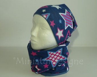 Beanie and loop set 50/52, hat and scarf, stars, stars pink, blue, dark blue