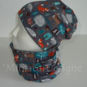 Beanie and Loop Set, Forest Animals, Night Fox, Spring,Autumn,Hedgehog, Hats Set, Combi, Organic, Children,Fox, Badger