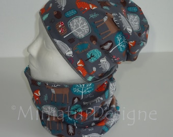 Beanie and Loop Set, Forest Animals, Night Fox, Spring,Autumn,Hedgehog, Hats Set, Combi, Organic, Children,Fox, Badger