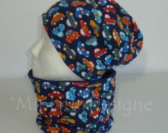 Beanie and loop set 53/55, hat and scarf, cars colorful, rainbow colorful, hats boys set