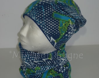 Beanie and loop set, hat and scarf, snowboard, Lillestoff, green, blue