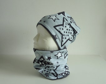 Beanie and loop set, hat and scarf, stars, stars, gray, simple, Lillestoff