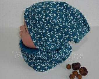 Beanie and loop set 47/49, hat and scarf, anchor, maritime, ocean, petrol