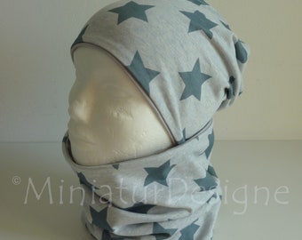 Beanie Hat & Loop Set 53/55, Stars Blue Gray, Organic, Lillestoff Stars, Spring, Hat Set, Combi, Organic