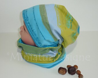 Beanie and loop set 50/52, hat and scarf, block stripes, Lillestoff, turquoise, green