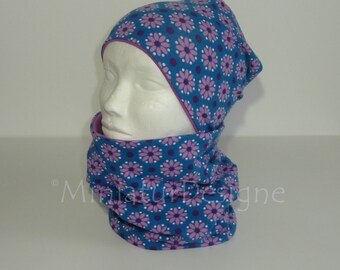 Beanie and loop set, hat and scarf, flowers, daisies, purple, blue, orchid Uni Lillestoff