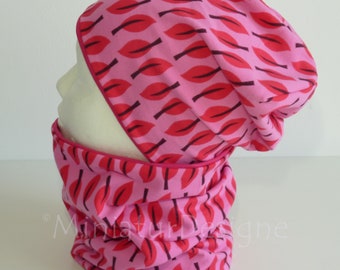 Beanie und Loop Set, Pink, Blätter,Mütze und Schal, Lillestoff