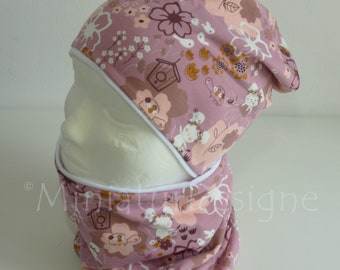 Beanie and loop set, hat and scarf, mouse, flowers, mice, mint, pastel, Lillestoff white