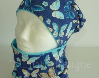 Beanie and loop set, hat and scarf, butterflies, blue, mint, colorful,