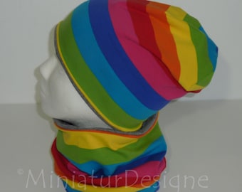 Beanie und Loop Set, Mütze und Schal, Regenbogen, Bunt, grau, Blockstreifen, pink