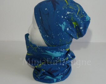 Beanie and loop set 47/49, hat and scarf, shark, blue, green, petrol