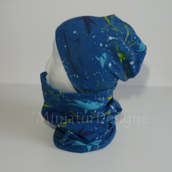 Beanie and loop set 47/49, hat and scarf, shark, blue, green, petrol