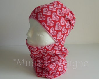 Beanie and loop set, hat and scarf, hearts, maritime, love, red, heart