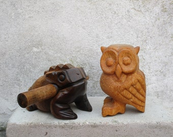 Lot de 2 animaux sonores en bois - grenouille et chouette - imitent le coassement de grenouille et les appels de chouette - vintage - objet déco - grenouille en bois - chouette en bois -