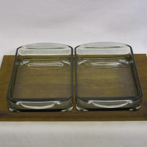 Servier Set Vintage-Offel Set-Glass-Wood-Glass bowls-Smoked Glass on Wood Coasters-Teak-Teak-Probably 60s