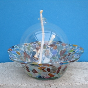 Set of 2 hand-blown bowl with oil lamp - Vintage - colorful glass bowl - spherical oil lamp made of glass - with wick and wick holder -