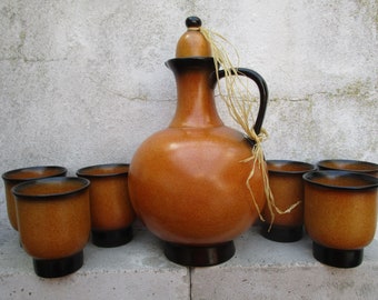 Set 7 pezzi - vintage - anni 80 - brocca ceramica 6 tazze - per succhi - vino - semplice - elegante - brocca con manico e beccuccio
