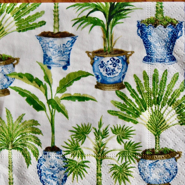 Bombay Palm Fronds & Asian Vases green white blue napkins for decoupage or journaling, cocktail size set of TWO (2)