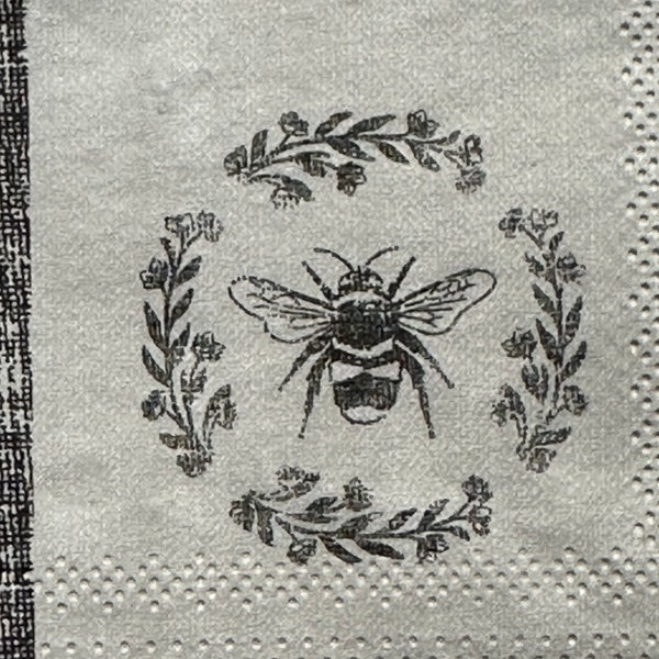 Bee in wreath SET of THREE (3) PAPER cocktail size napkins for decoupage art project journal