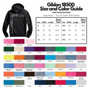Puede incluir: Sudadera con capucha negra con una gu&iacute;a de tallas y colores. La gu&iacute;a enumera las tallas S-5XL y una variedad de colores, incluyendo Safety Pink, Forest Green y Navy. El texto "Gildan 18500" est&aacute; en la parte superior.