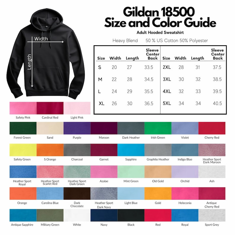 Puede incluir: Sudadera con capucha negra con una gu&iacute;a de tallas y colores. La gu&iacute;a enumera las tallas S-5XL y una variedad de colores, incluyendo Safety Pink, Forest Green y Navy. El texto "Gildan 18500" est&aacute; en la parte superior.