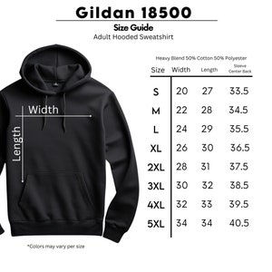 Puede incluir: Sudadera con capucha negra para adultos con una tabla de tallas. La tabla proporciona medidas de ancho, largo y centro de la espalda de la manga para las tallas S a 5XL. La sudadera es una mezcla pesada de algod&oacute;n y poli&eacute;ster.