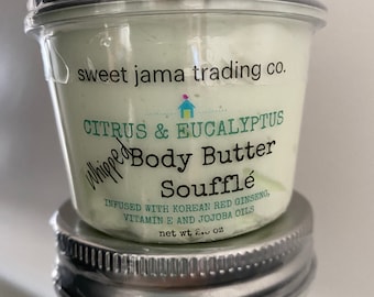 Citrus & Eucalyptus Whipped Body Butter Soufflé with Korean Ginseng, Vitamin E, Collagen and Jojoba Oil | Vegan | Natural Body | Anti Aging