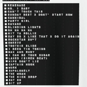 Puede incluir: Dise&ntilde;o gr&aacute;fico en blanco y negro con una lista de movimientos de baile. El texto dice "DANCE MOVES I CAN DO:" seguido de una lista de movimientos de baile como "Renegade", "Tootsie Slide" y "The Woah".