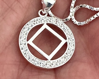 Sterling Silver NA Service Symbol Necklace: Cubic Zirconia Recovery Gift