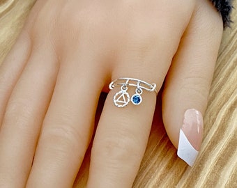 AA Ring with Birthstone, Addiction Recovery Gifts, Alcoholics Anonymous, Sobriety, Sober Anniversary, Unique AA Gifts, Sterling Silver