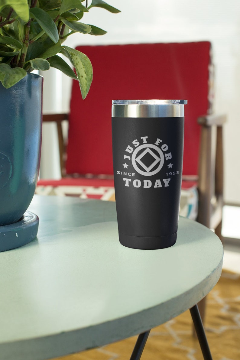 Just for Today with the NA service symbol, Travel Mug, Water Bottle, or Ceramic Coffee Mug, NA Gift, Recovery Gift, personalized, free ship image 1