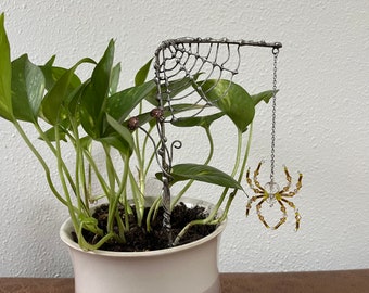 soldered metal spider web and crystal beaded spider house plant stake