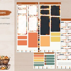 May include: A set of printable digital planner stickers featuring fall-themed shapes in orange, brown, yellow, and green. The stickers are pre-cropped and can be mixed and matched with widgets. The text "SHAPES" appears three times on the page.