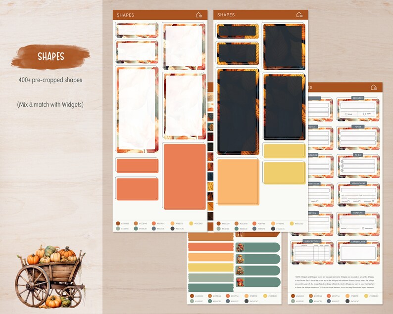 May include: A set of printable digital planner stickers featuring fall-themed shapes in orange, brown, yellow, and green. The stickers are pre-cropped and can be mixed and matched with widgets. The text "SHAPES" appears three times on the page.