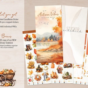 May include: A digital sticker book with over 1400 individual PNGs featuring autumn-themed illustrations. The book includes a watercolor scene of a lake with fall foliage, a wagon full of pumpkins, and various clipart images like boots, acorns, and a witch's hat. The book also includes a free sticker sidekick organizer.