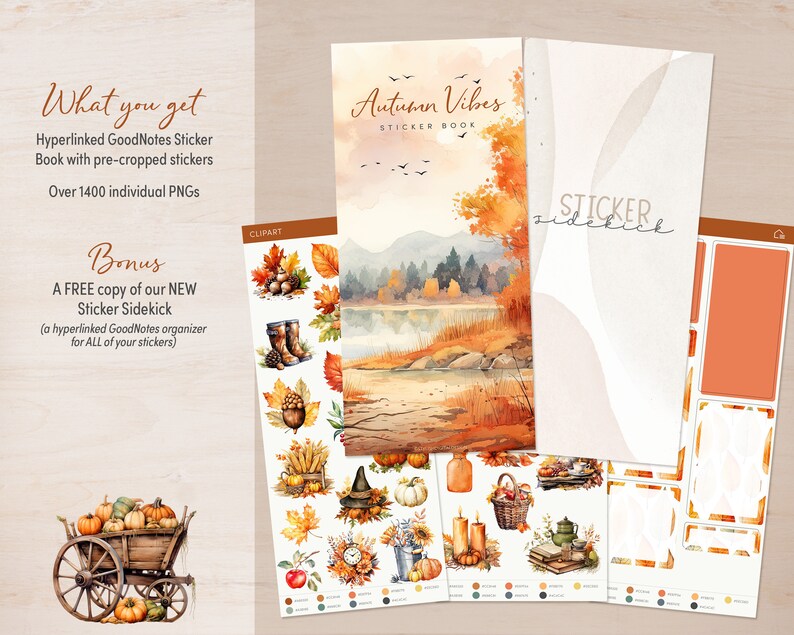 May include: A digital sticker book with over 1400 individual PNGs featuring autumn-themed illustrations. The book includes a watercolor scene of a lake with fall foliage, a wagon full of pumpkins, and various clipart images like boots, acorns, and a witch's hat. The book also includes a free sticker sidekick organizer.