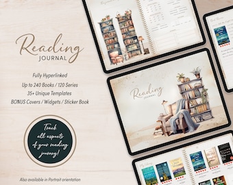 May include: A digital planner with a watercolour illustration of a cosy reading nook. The planner is titled "Reading Journal" and features a bookshelf, a comfy armchair, and a lamp. The text "Fully Hyperlinked, Up to 240 Books/120 Series, 35+ Unique Templates, BONUS Covers/Widgets/Sticker Book" is displayed on the screen. The planner is also available in portrait orientation.