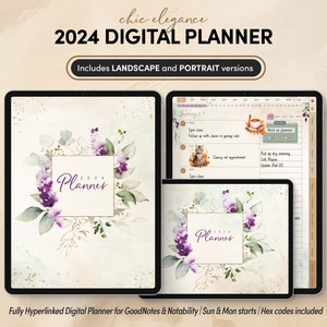 May include: A digital planner for 2024 with a floral design in shades of purple, green, and gold. The planner is fully hyperlinked and compatible with GoodNotes and Notability. It includes both landscape and portrait versions.
